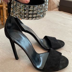 Rhinestone strap suede Gucci heels